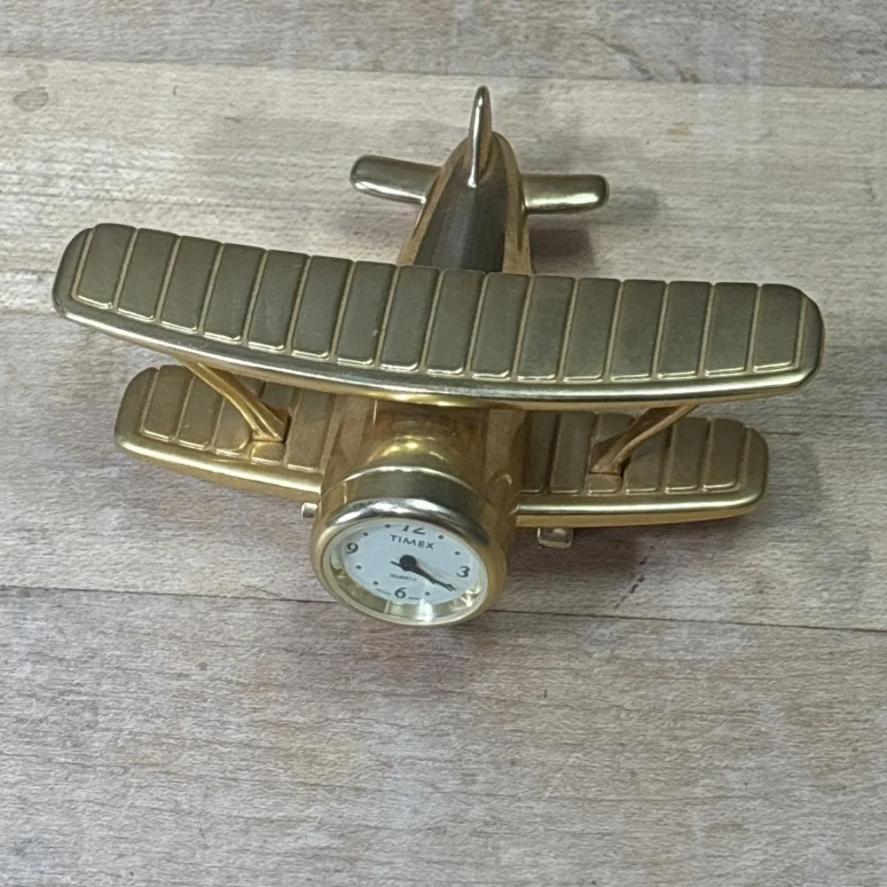 Vintage Timex Quartz Brass Biplane Desk Clock Airplane Figurine Japan Parts